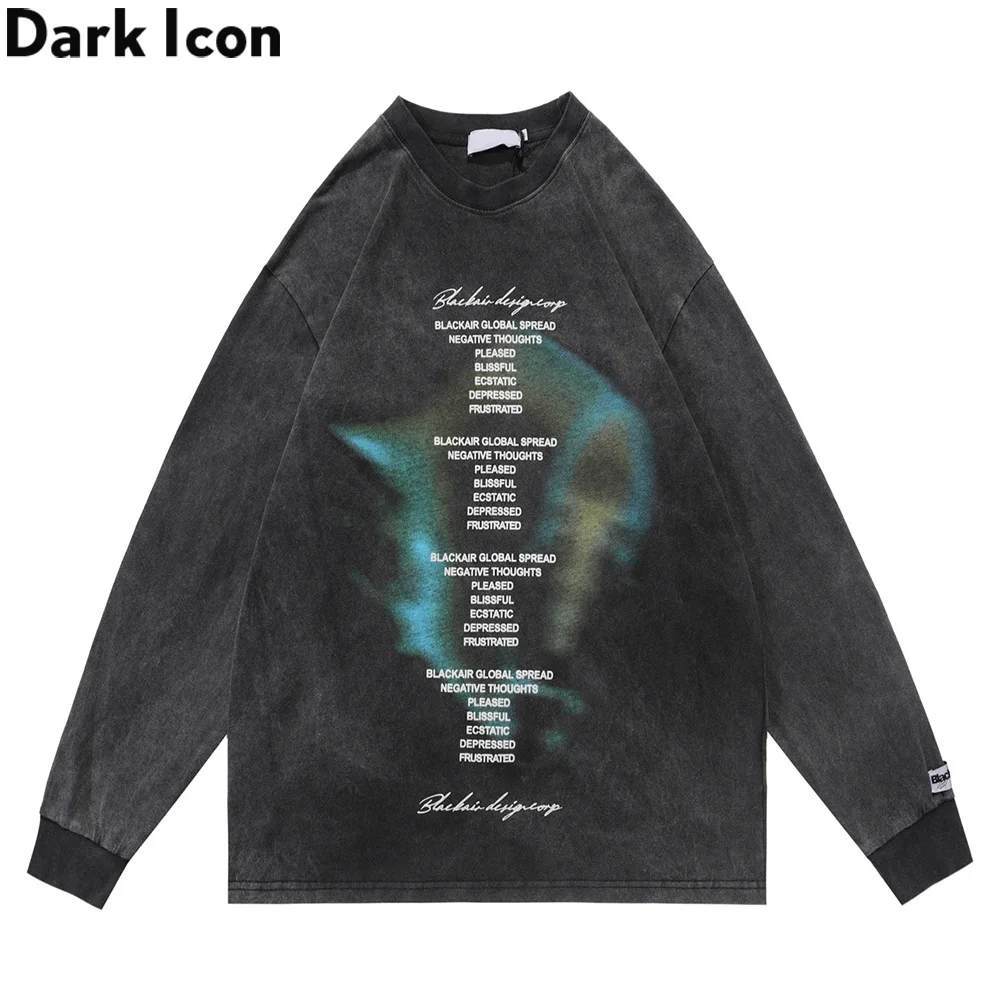 

Dark Icon Letters Printed High Street Men's T-shirt Long Sleeve Oversized Washing Cotton Tee Shirts Man Woman