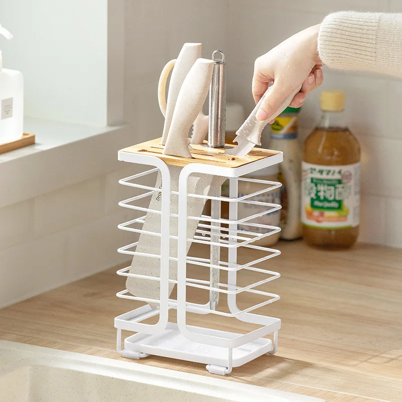

Kitchen Knife Stand Holder Storage Organizer for Knives with Drainer Tray Sink Counter Drying Rack White Metal Iron Wire