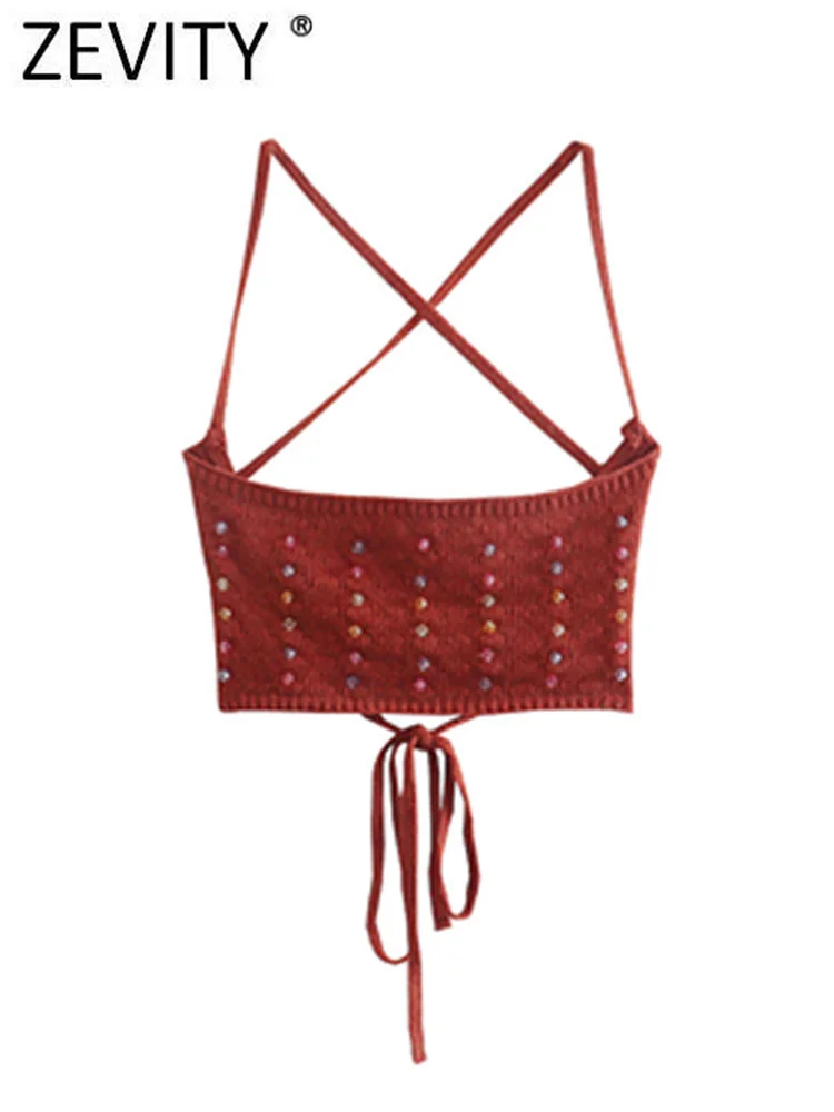 

Zevity Women Sexy Strapless Diamond Beading Short Smock Blouse Female Backless Knittied Slim Sling Shirt Chic Crop Tops LS1514