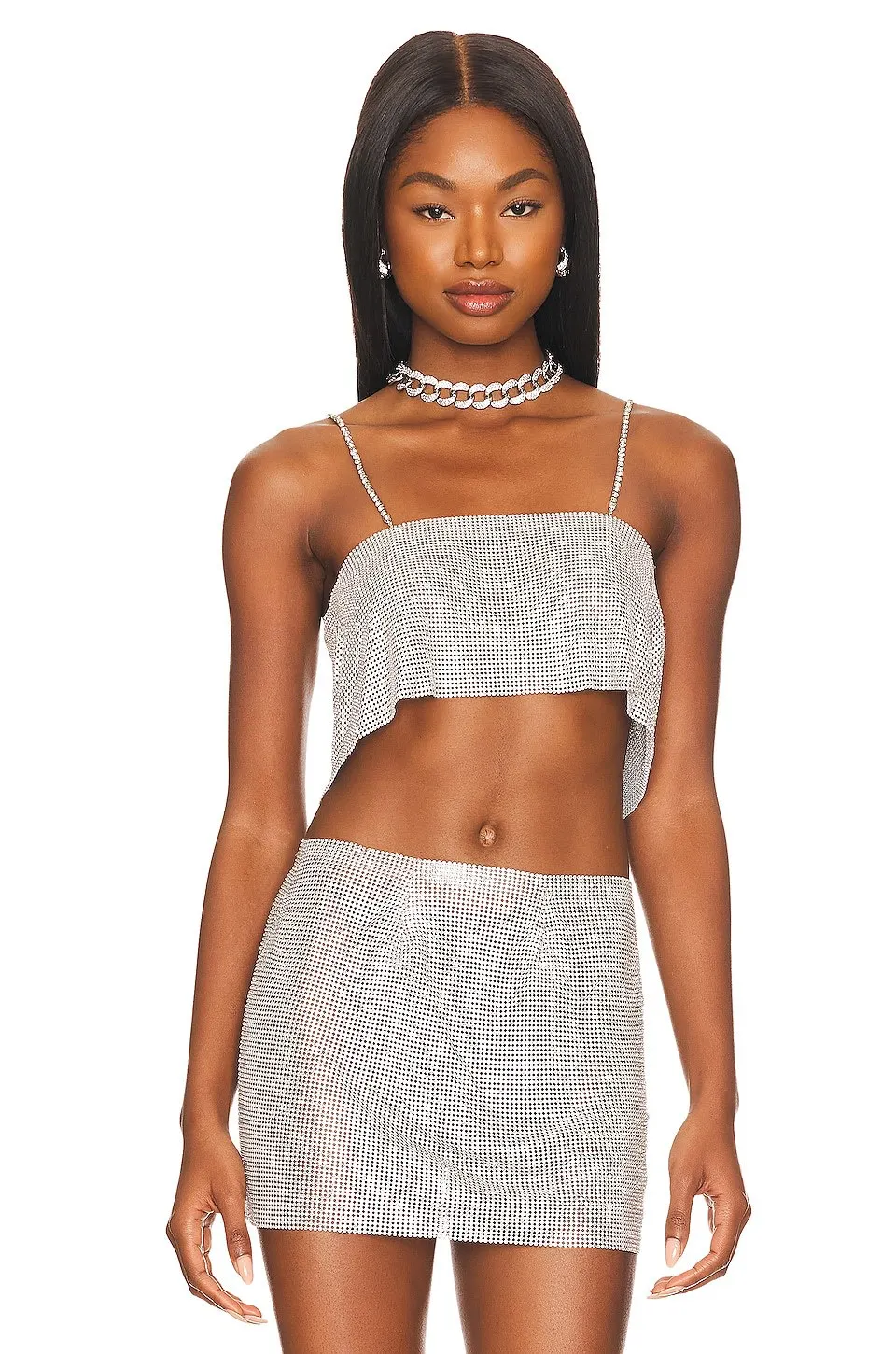 

Женский летний пикантный топ с юбкой, привлекательный топ с металлическими блестками и цепочкой на подтяжках, 2022