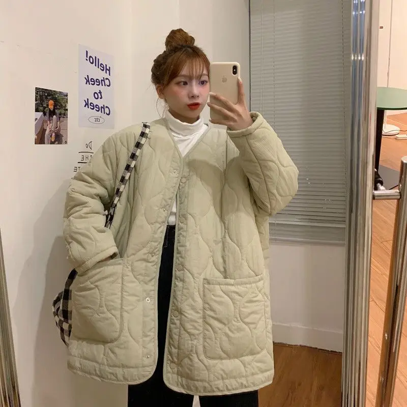 Clothes Korean Cotton-padded Jacket Women Winter O-neck Thicken Down Coat Female Loose Diamond Solid Casual Streetwear Parkas