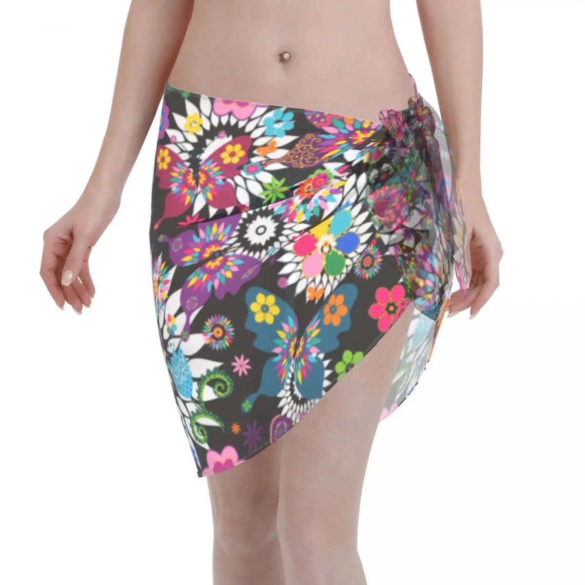

Sexy Women Butterfly Pattern Perspective Kaftan Sarong Swimsuit Colorful Butterflies Bikini Cover-Up Sarong Short Skirt