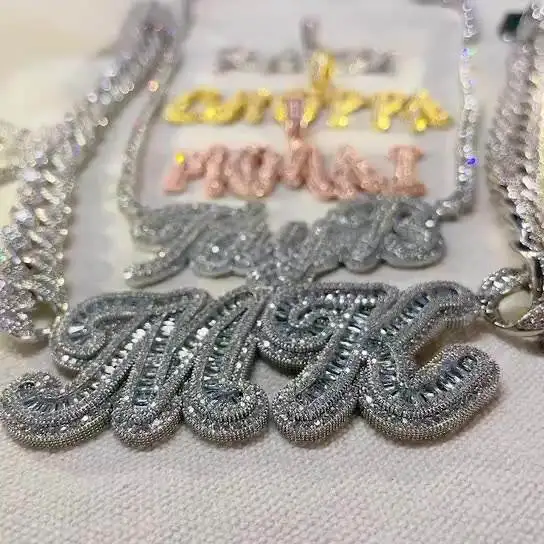 Personalise Custom Name Cuban Link Chain Gold Plated Iced Out Baguette Zircon Cz 2 Layer Full Rhinestone Letter Name Necklace