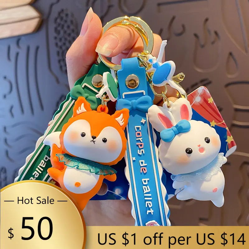 

Cute Ballet Company Keychain Cartoon Dancing Fox Rabbit Piglet Doll Keyring Women Girl Backpack Car Resin Key Chains Jewelry