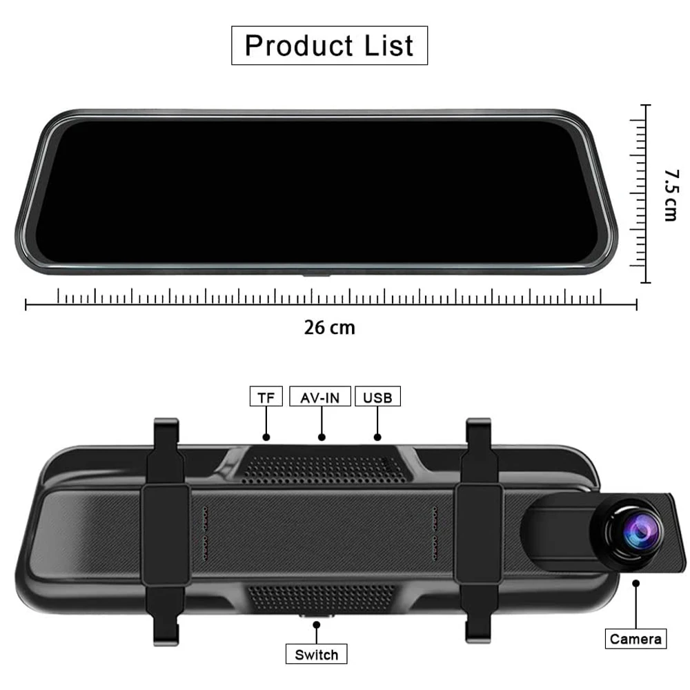 Car DVR 10 Inch Touch Screen 1080P FHD Double USB Rearview Mirror For Auto RecorderDash Cam Dual Lens Night Vision |