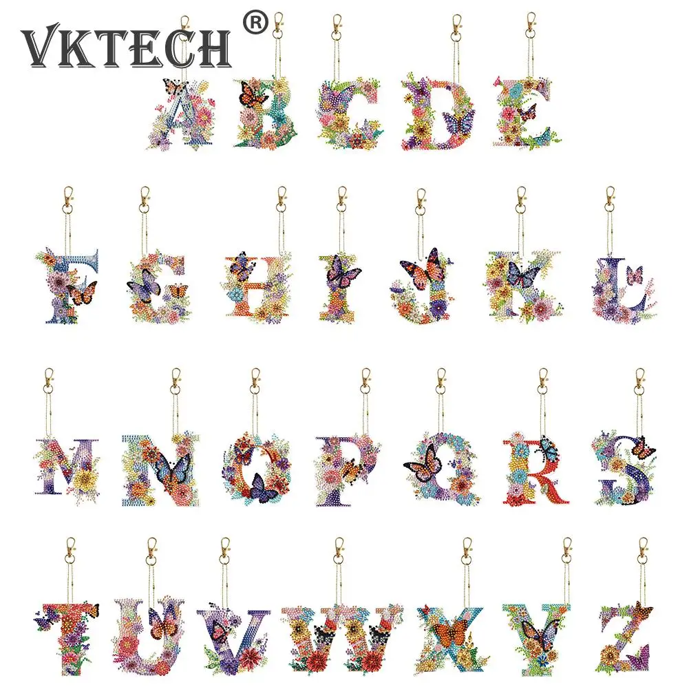 

26pcs Full Drill Diamond Keyrings Alphabet Flowers Double Sided Diamond Letters Keychain Kit Diamond Letters Keyring Pendant