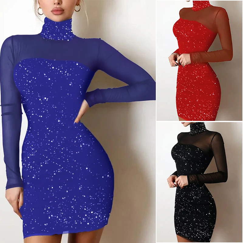 

Dresses For Women 2022 Glitter Slim Dress High Neck Mesh Contrast Sleeve Elegant Body-con Pencil Dress For Evening Cocktail