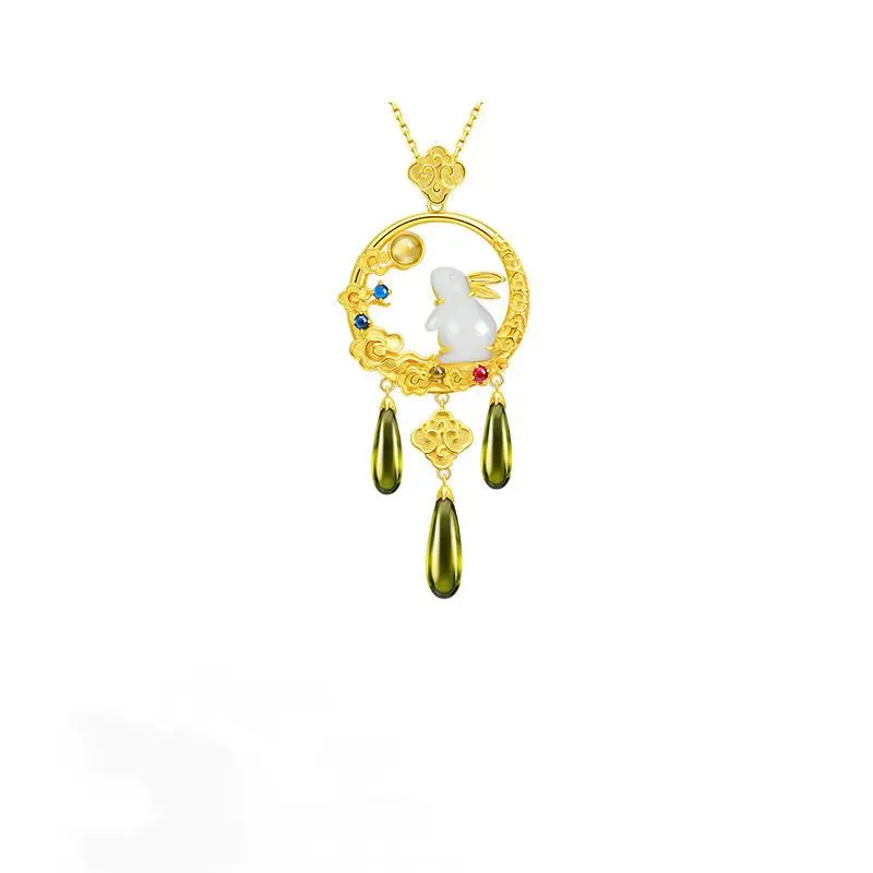 

Jade Rabbit Watches the Moon New High level Original Design Chinese Retro National Style Natural White Jade Necklace