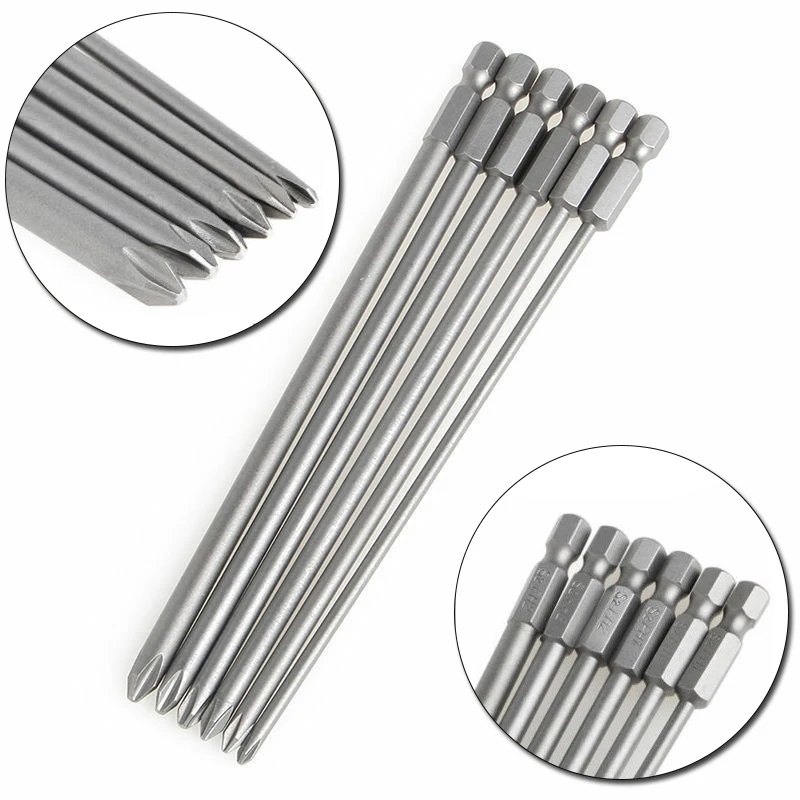 

150mm Long Cross Screwdriver Bits 6Pcs Carpentry Hex Head Household Magnetic Parts Power Silver Tool 1/4\\\\\\'\\\\\\' Shank