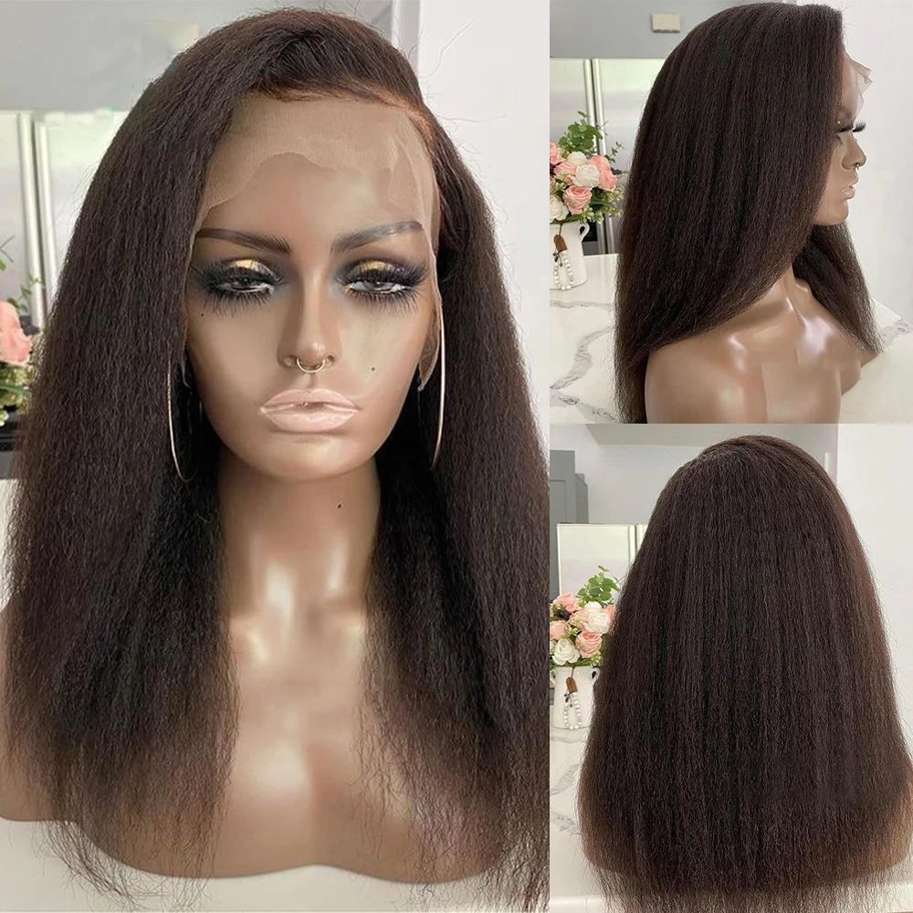 

180Density Short Bob Yaki Kinky Straight Synthetic Lace Front Wig Glueless For Black Women With BabyHair Preplucked Daily Wear