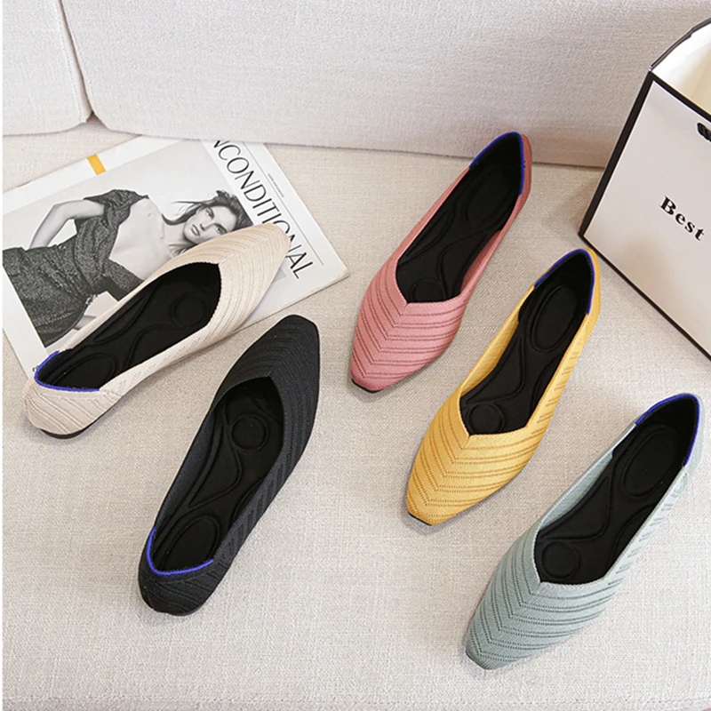 Women's Square Toe Mixed Color Flats Knitting Elastic Comfortable Ballet Shoes Women's Flat Breathable Spring Autumn Single Shoe