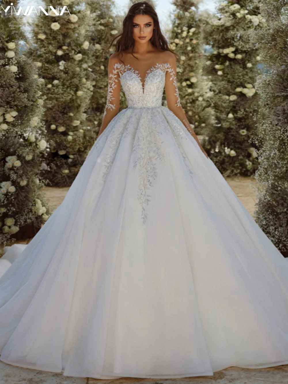 

Classic O-neck Long Sleeve Wedding Dress Sparkly Beads Sequins Dress For Bride Elegant Appliques Bridal Gown Robe De Mariée