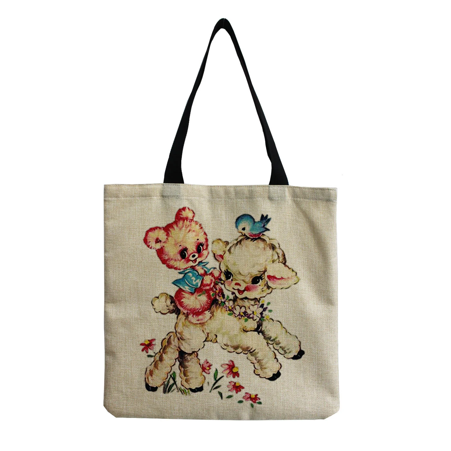 

Портативная вместительная Черная Женская сумка-шоппер, тоут с мультяшным рисунком овцы, цветов, с милыми животными, простой размер