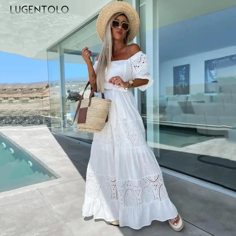 

Женское кружевное платье принцессы свободного покроя с широкой талией, элегантный повседневный Пляжный пуловер на шнуровке с пышными рукавами и квадратным вырезом для отдыха