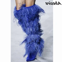abesire blue fur decor boots lace up over the knee high heel boots women white black pointy toe boots sexy fashion women winter
