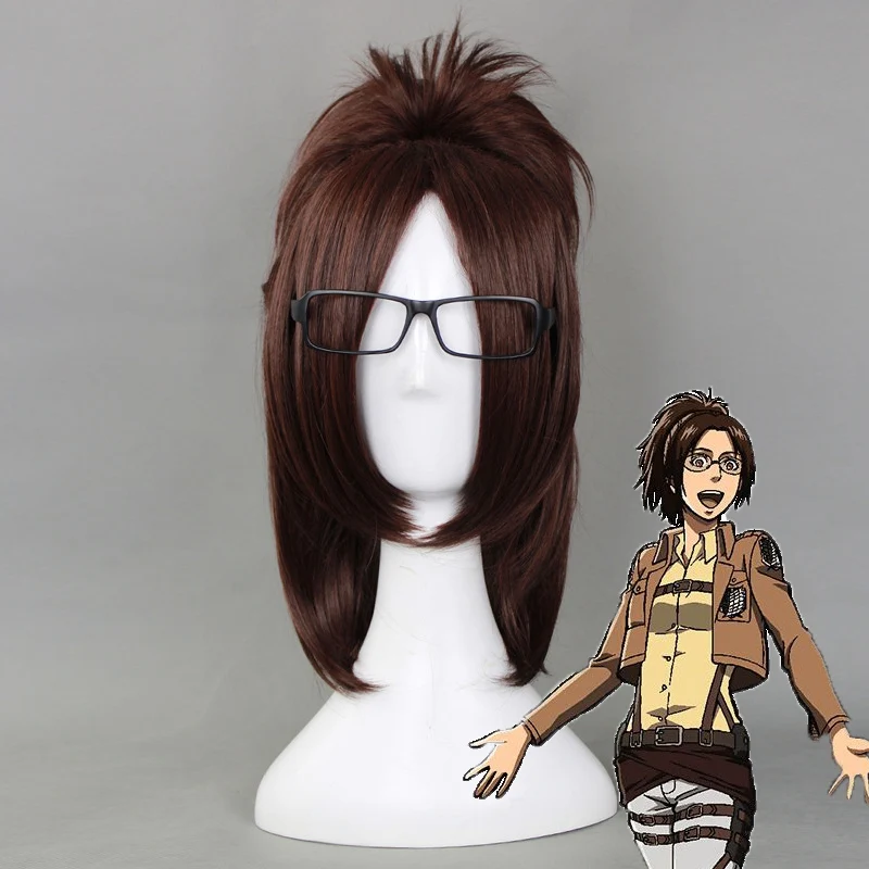 

Attack on Titan Hange Zoe Wig 40cm Brown Heat Resistant Synthetic Hair Clip Ponytail Cosplay Wigs + Wig Cap + Glasses