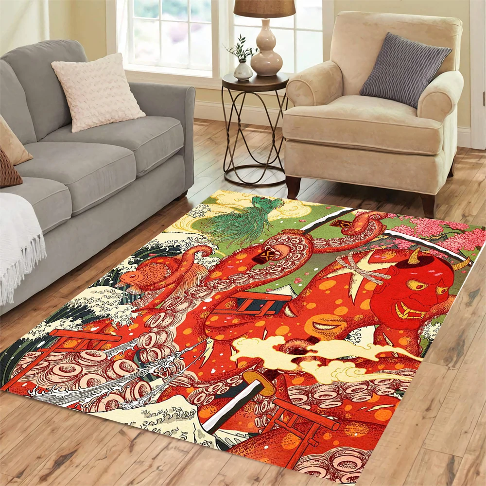 CLOOCL Ukiyo-e Art Painting Carpet Red Octopus 3D Printed Carpets for Living Room Indoor Door Mats Area Rugs 120X160cm