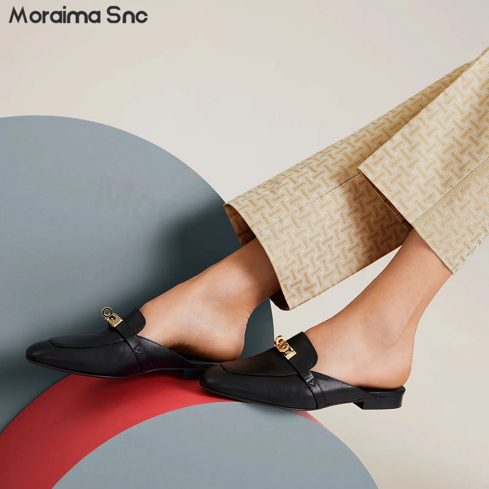 Metal Buckle Baotou Muller Slippers New Leather Low Heel Round Toe Backspace Slippers Casual Comfortable Fashion Women's Shoes