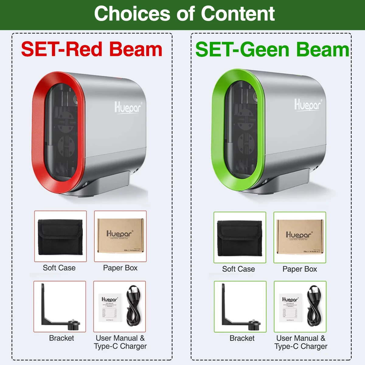 2-линейный самовыравнивающийся лазерный уровень Huepar зеленый/красный луч