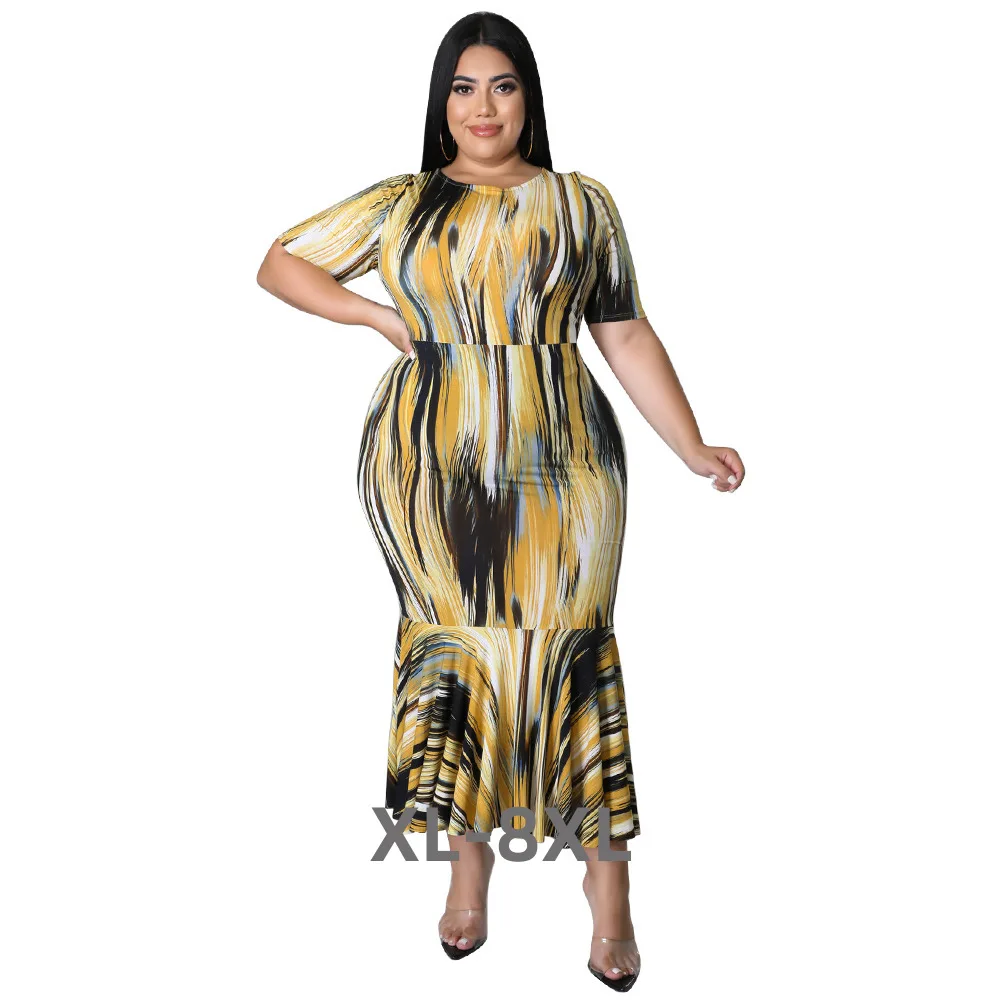 Plus Size Women Dress Tie Dye Ruffles Short Sleeve Printed Round Neck Party Dresses Casual Outfits Who 3xl 4xl 5xl 6xl