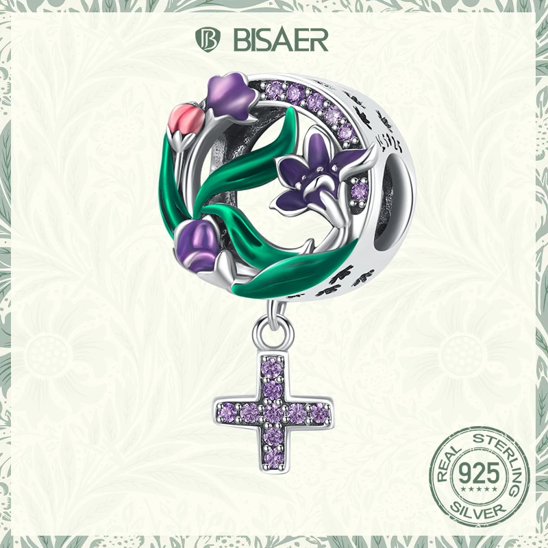 

BISAER 925 Sterling Silver Female Power Flower Cross Charms Fit Women Bracelets Silver 925 Original Fine Jewelry Gift ECC2142