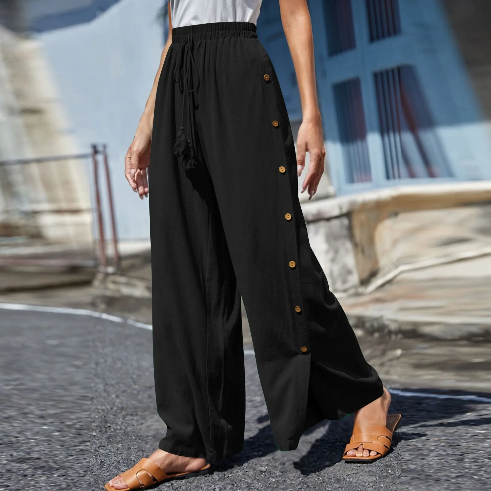 

Solid Color Breasted Pants Womens Y2k Loose Wide Leg Straight Trousers Streetwear Elastic High Waist Trousers Leisure Pantalones