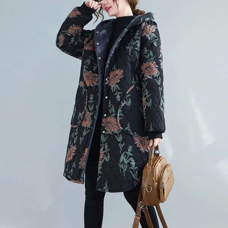 Balonimo Thick Cotton Coat Women's Mid-length Winter Velvet Hooded Plaid Warm Coats Casual Single Breasted Jacket Female Outwear