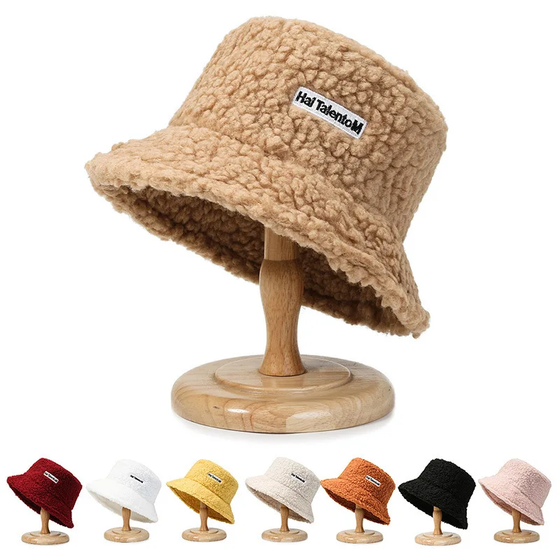 

Korean Version Of Autumn And Winter Lamb Wool Warm Embroidery Letter Fisherman Hat Sheep Shearing Japanese casual couple simple