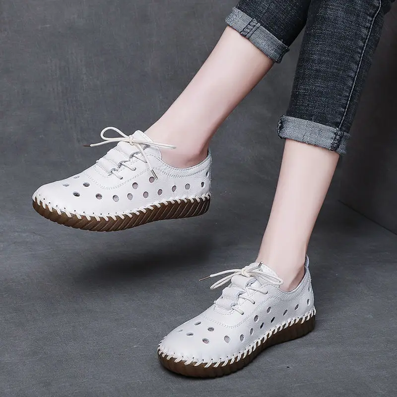 Feerldi White Hole Cutouts Loafers Woman Casual Soft Oxford Sneakers Mom Lace Up Breathable Leather Flats Woman Driving Shoes