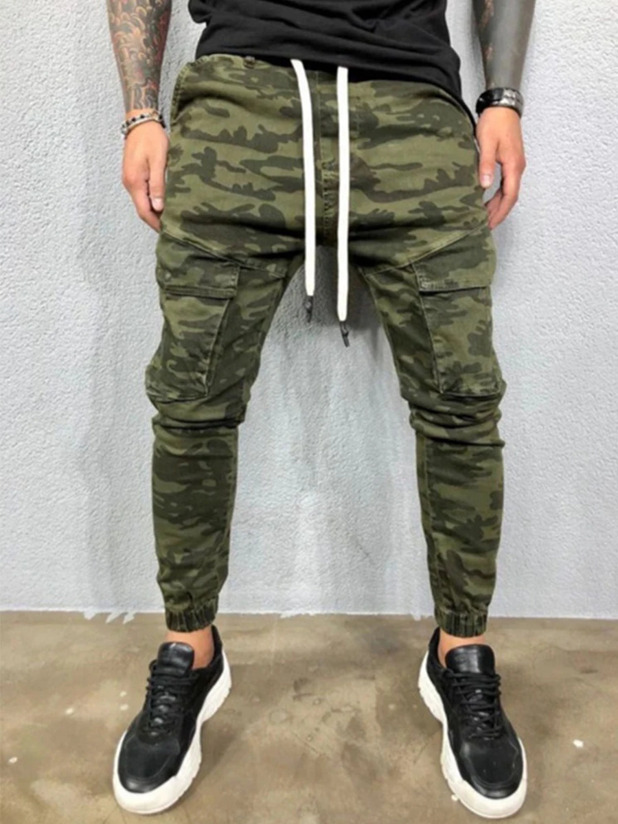 Men's Jeans Outdoor Jeans Men's Slim Pants Mid Waist Camouflage Sports Pencil Pants Fashion Casual Drawstring Pants New vaqueros