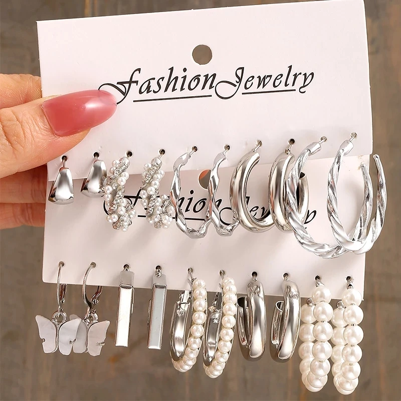 

Silver Color Butterfly Earrings Set Women Vintage Pearl Circle Geometric Twist Hoop Earrings Trendy Jewelry Gifts For Girls