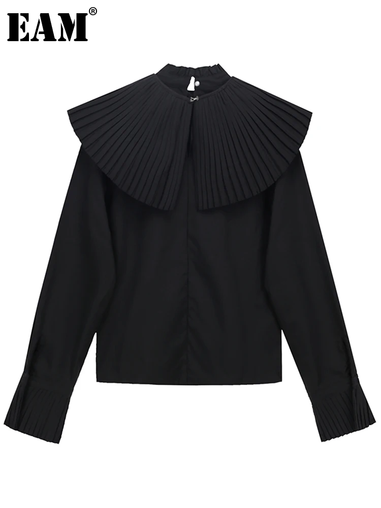 

[EAM] Women Black Pleated Vintage Blouse New Stand Collar Long Sleeve Loose Fit Shirt Fashion Tide Spring Autumn 2022 1DE6723