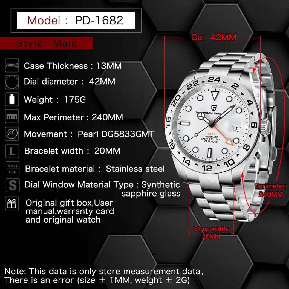 

PAGANI DESIGN 42MM Men's GMT Automatic Mechanical Watches Date Clock Stainless Steel Sapphire Glass Waterproof Montre Homme