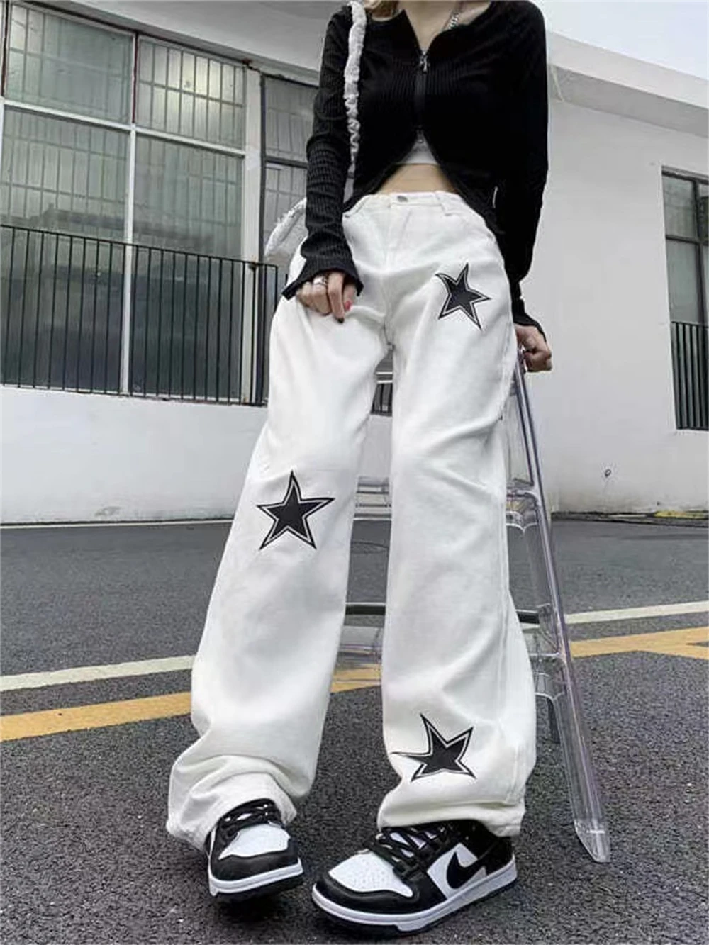

Denim Pants Street Style Women Y2K Print Autumn Low Waist Vintage Trousers Female Buttons Baggy Women Wide Leg Gothic Jeans