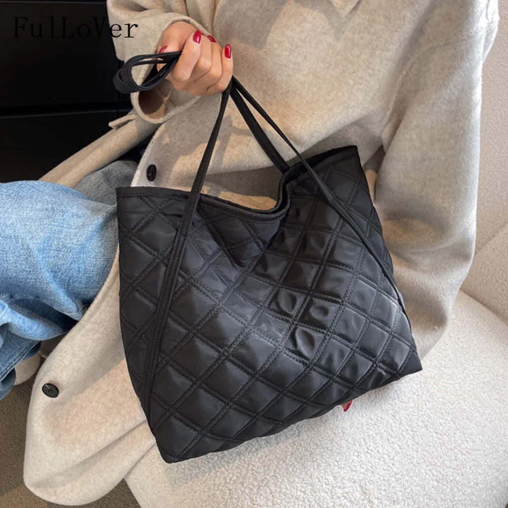

Large-capacity Women Tote Handbags New Diamond Check Pattern Shoulder Bags Casual Solid Color Underarm Bags Nylon Shopping Bags