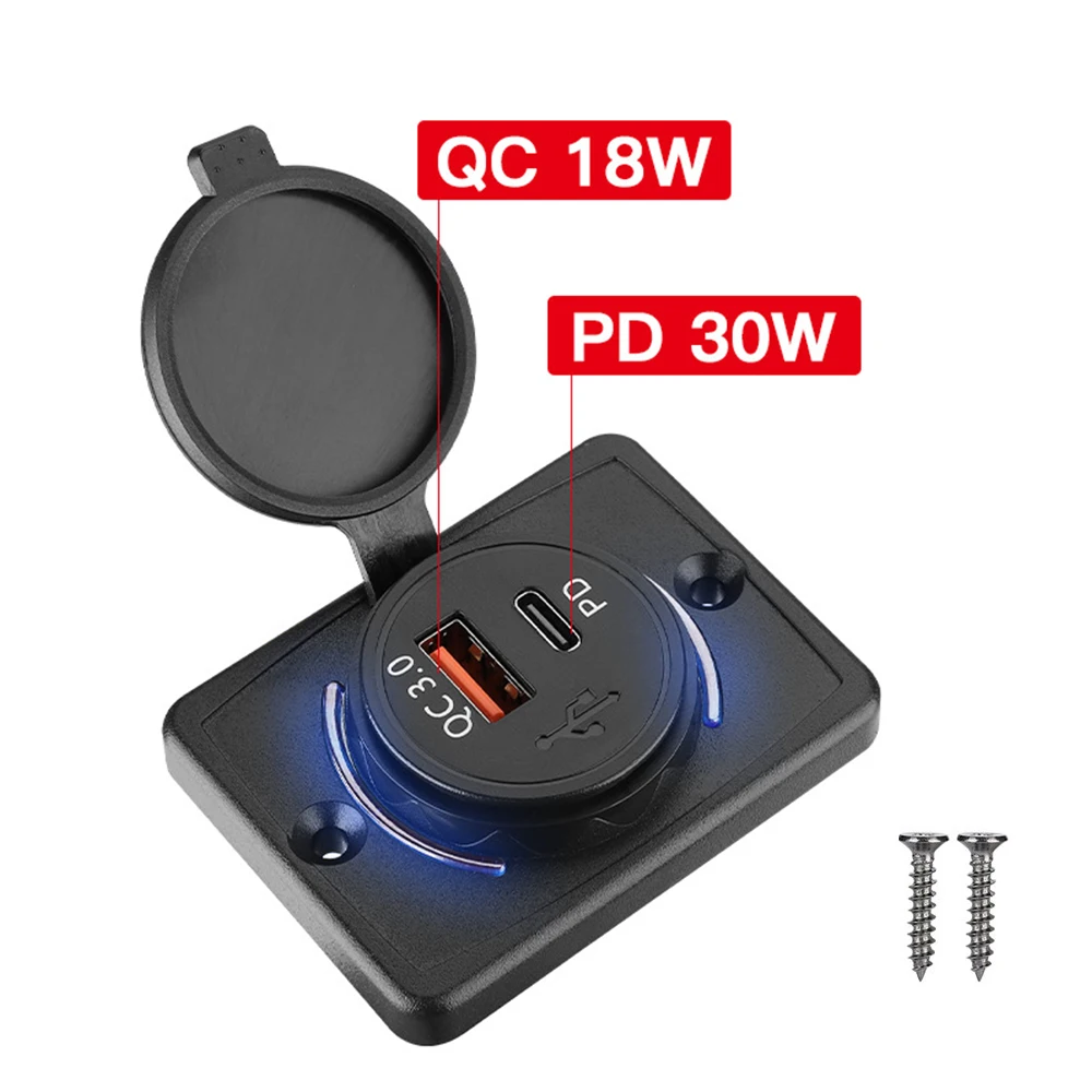 

12 В/24 В QC3.0 USB PD Быстрое зарядное устройство с крышкой 48 Вт Водонепроницаемое зарядное устройство со светодиодной подсветкой и быстрой зарядкой USB для автомобилей, лодок, автобусов и автофургонов