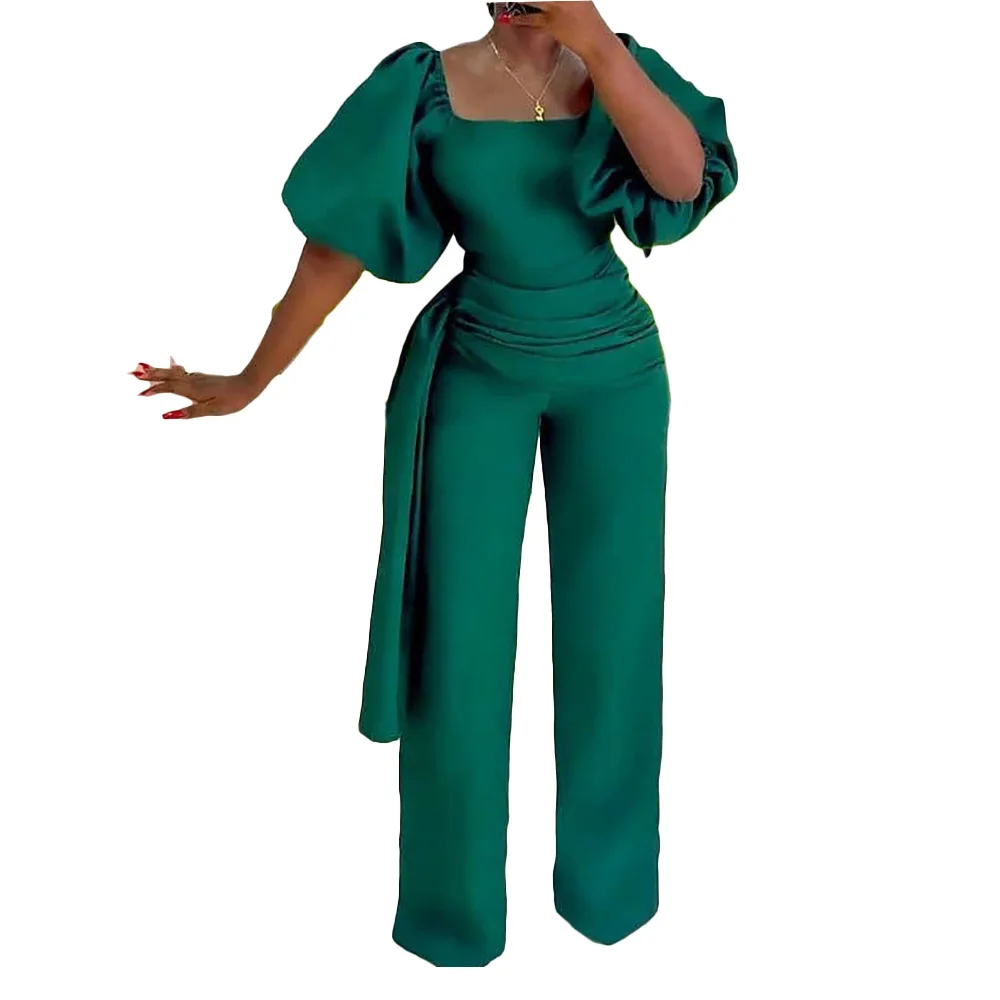 2023 Green Women's Jumpsuit Fashion High Waist Square Collar Lantern Sleeves Female Elegant Party Office Ladies Playsuits