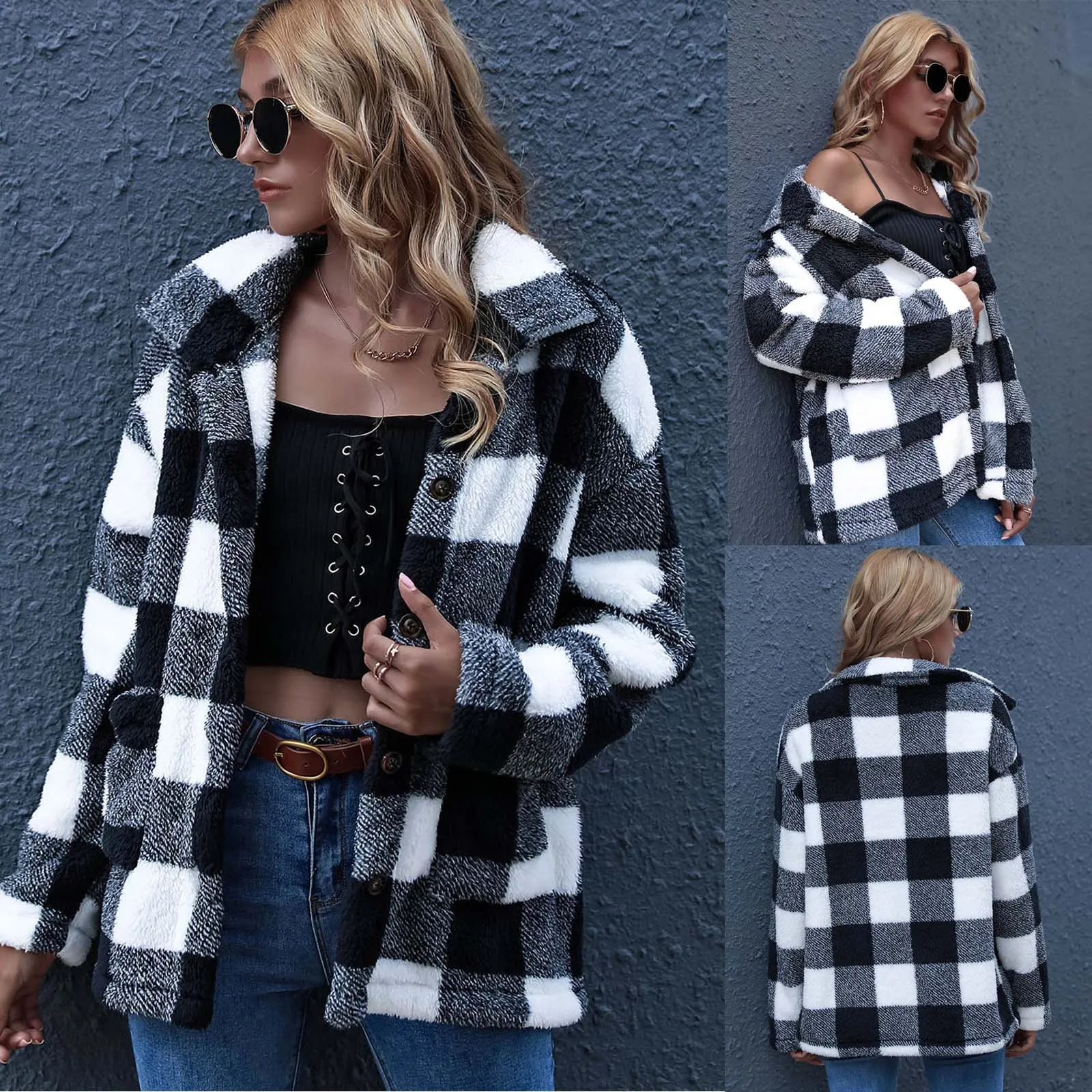 

Women's Casual Long Sleeve Plaid Color Block Pocket Coat