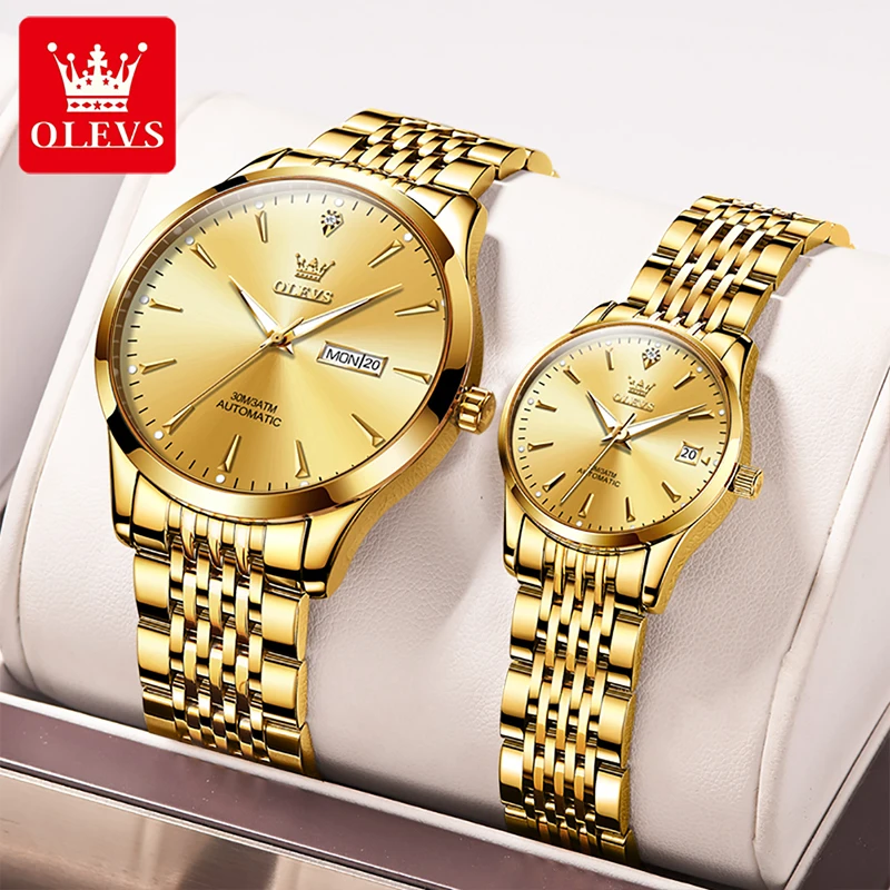 OLEVS Fashion Simple Thin Couple Watch Multifunction Calendar Week Display Automatic Waterproof Luminous Mechanical Watches 6635