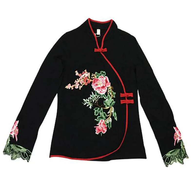 Женский короткий топ в стиле Ципао Осенние блузки из смесового хлопка с вышивкой