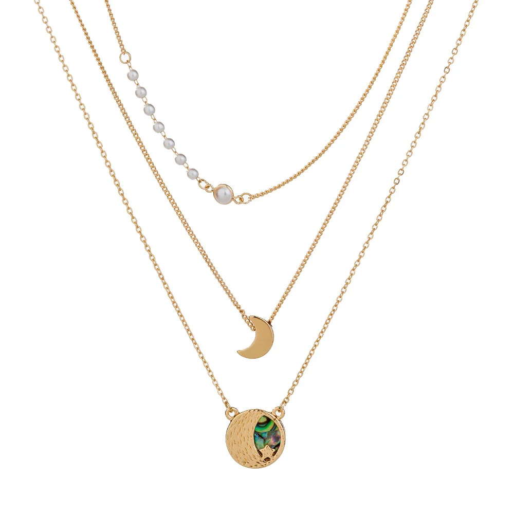 

Hot Sale Layered Necklace Personality Abalone Shell Star Moon Metal Charms Pendant Necklace For Women Party Jewelry