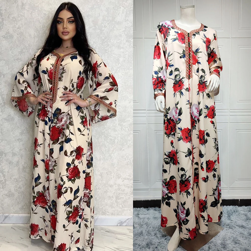 

Muslim Women Floral Print Maxi Dress Jalabiya Floral Print Abaya Dubai Turkey Kaftan Eid Mubarak Ramadan Caftan Robe Gown Abayas