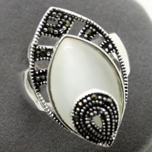 

24*13mm NATURAL WHITE OPALS DROP silver color & MARCASITE RING SIZE 7/8/9/10