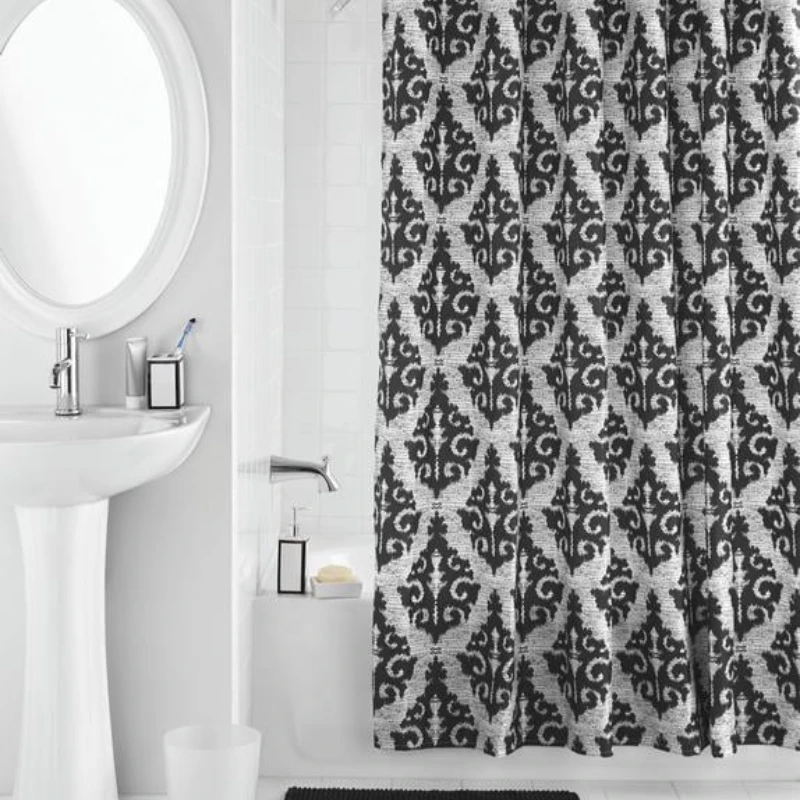 

17-Piece Ikat Damask Print Polyester/Ceramic Bathroom Accessory Set, Black Waterproof Shower Curtain Mildew Proof Durable Bathro