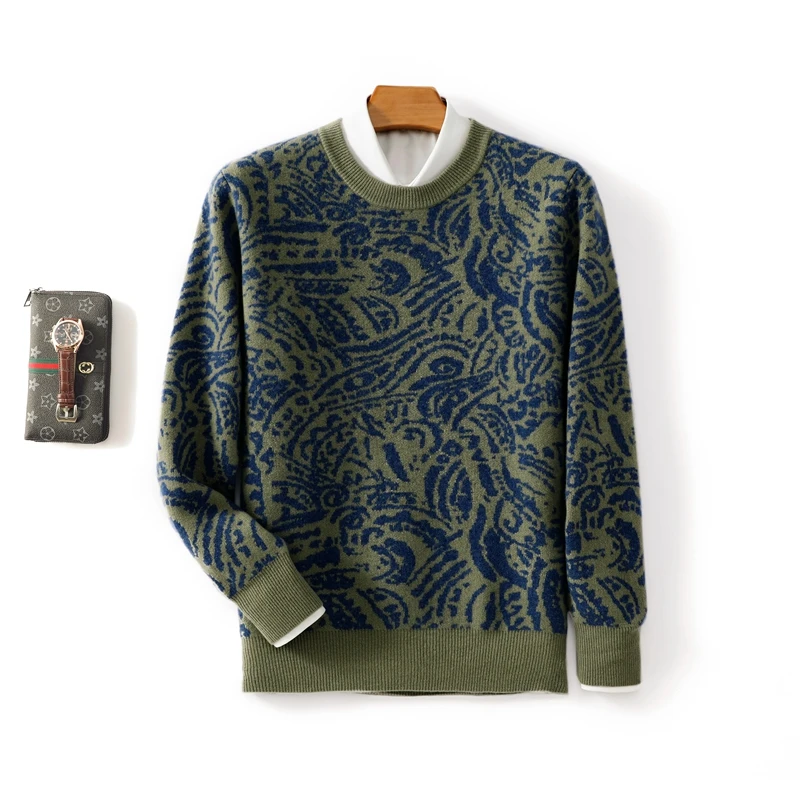 Мужской однотонный шерстяной пуловер контрастных цветов с круглым вырезом