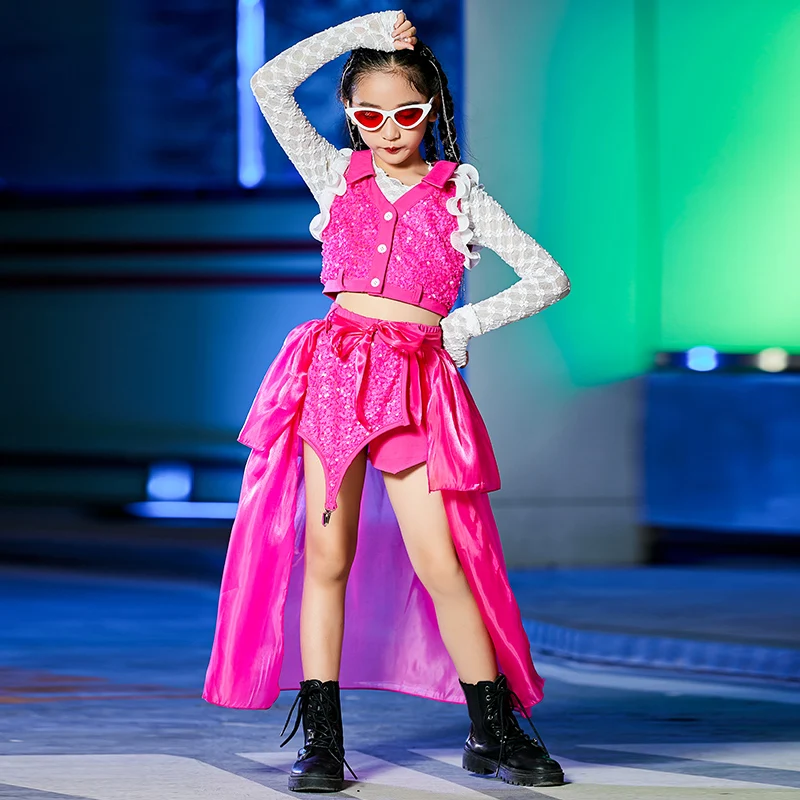 

New Kids Jazz Dance Clothes Pink Sequin Gauze Skirt Girls Model Catwalk Show Stage Costumes Street Dance Hip Hop Dress DWY7257