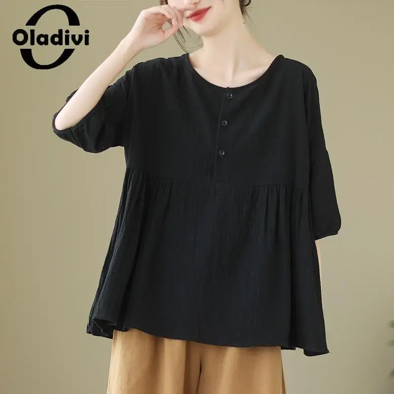 

Oladivi Fashion Print Women Casual Loose Linen Blouses 2023 Summer New Short Sleeve Oversized Shirts Ladies Big Tops Tunics 2361