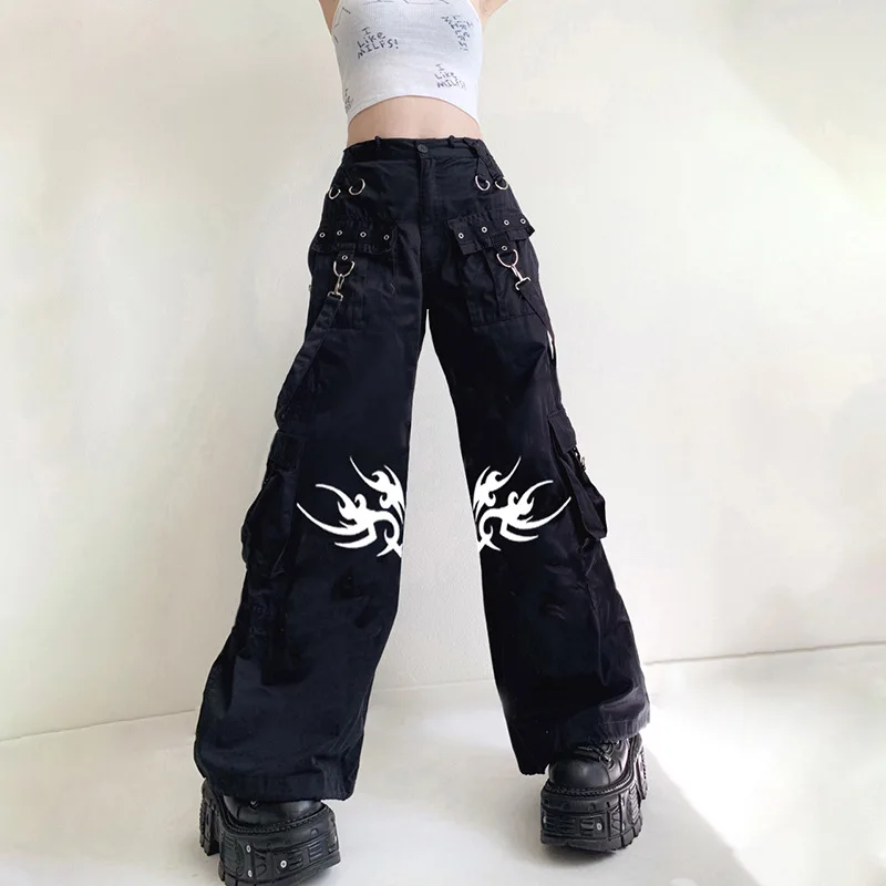 

WeiYao Eyelet Buckle Black Punk Goth Jean Fashion Woman Techwear Dark Academic Print Egirl Cargo Pants High Waist Denim Trousers