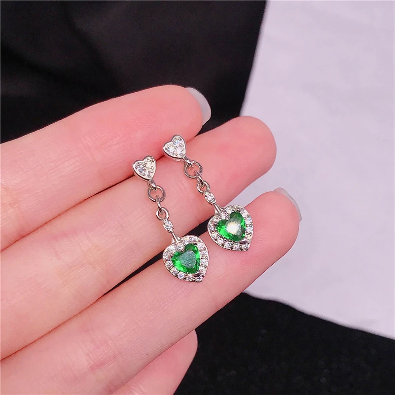 

Genuine 925 Sterling Silver Natural Emerald Drop Earring for Women Aros Mujer Oreja Heart Emerald Gemstone Orecchini Jewelry