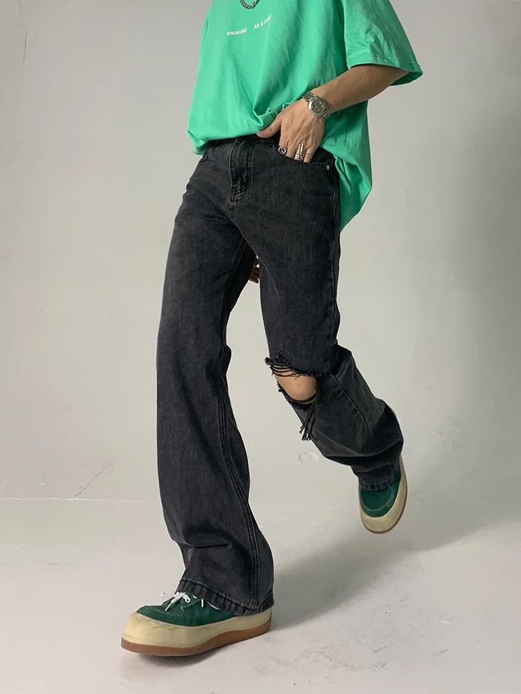 Men's Loose Jeans Black and Gray Tear Jeans Fashion Y2k Pants Men's Casual Straight Pants Ripped Jeans Men Clothing